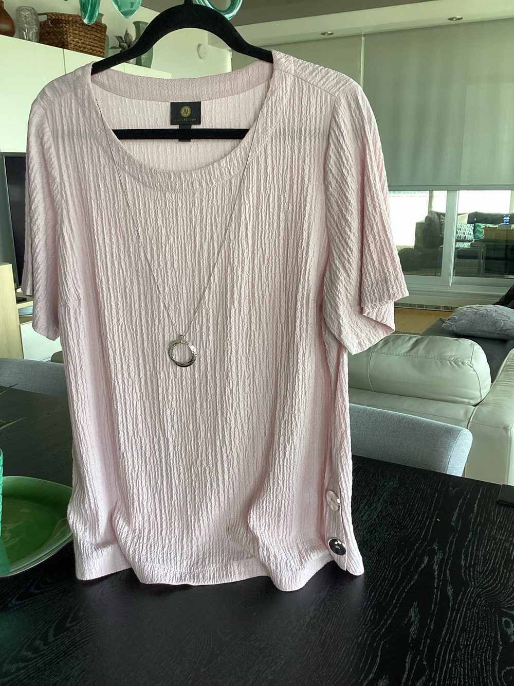 JM Collection Light Pink Short-Sleeve Textured Top with Button Detail